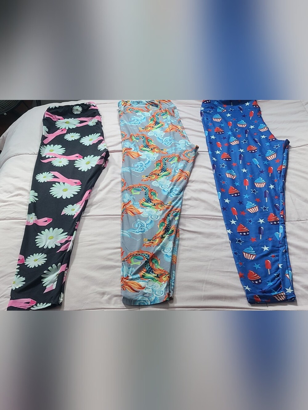 Women's Printed Leggings - Floral Black, Dragon Gray, Patriotic Blue